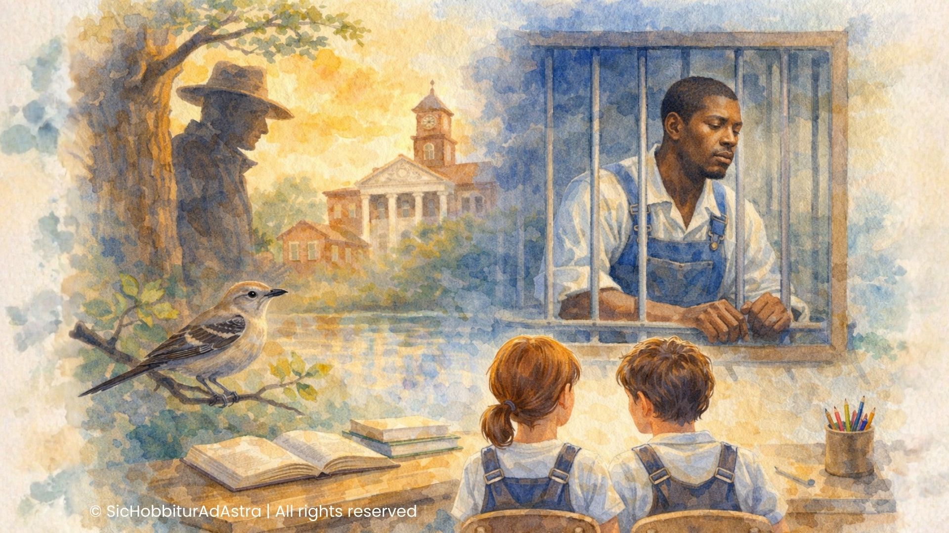 Watercolor illustration of Scout and Jem sitting at a desk in a classroom, observing symbolic representations of Boo Radley behind a tree and Tom Robinson behind bars, with a mockingbird perched nearby.