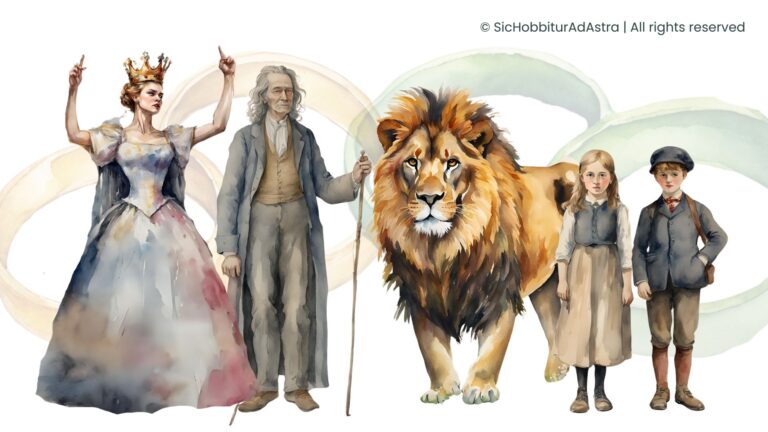 Teaching The Magician’s Nephew: Aslan, the White Witch, Digory, Polly, and Uncle Andrew with the four magic rings in the background, middle school literature illustration.