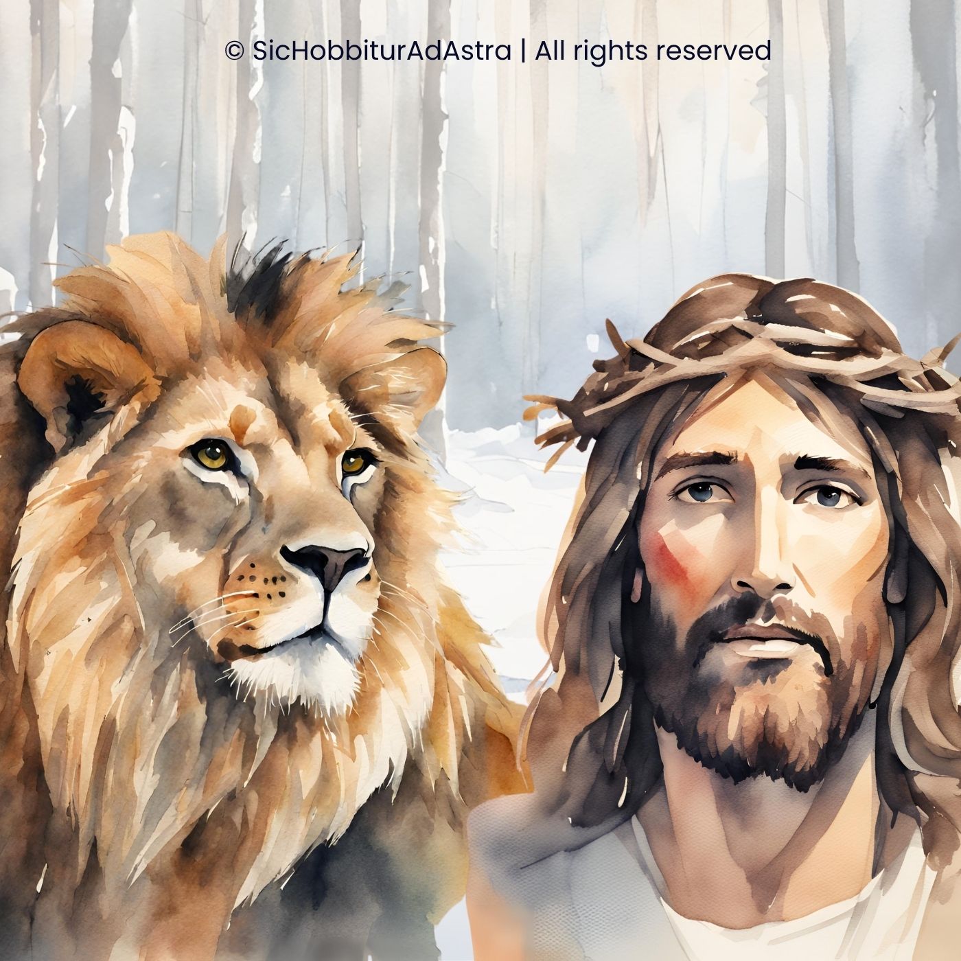 Watercolor painting of Aslan the lion and Jesus Christ standing side by side in Narnia, with the empty Stone Table behind them, illustrating The Lion, the Witch and the Wardrobe allegory and its Christian symbolism. Educational and literary analysis context.