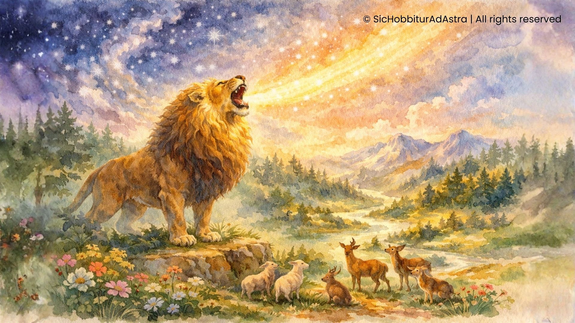 Aslan singing the creation of Narnia in The Magician’s Nephew by C. S. Lewis, as stars and landscapes emerge from the darkness.