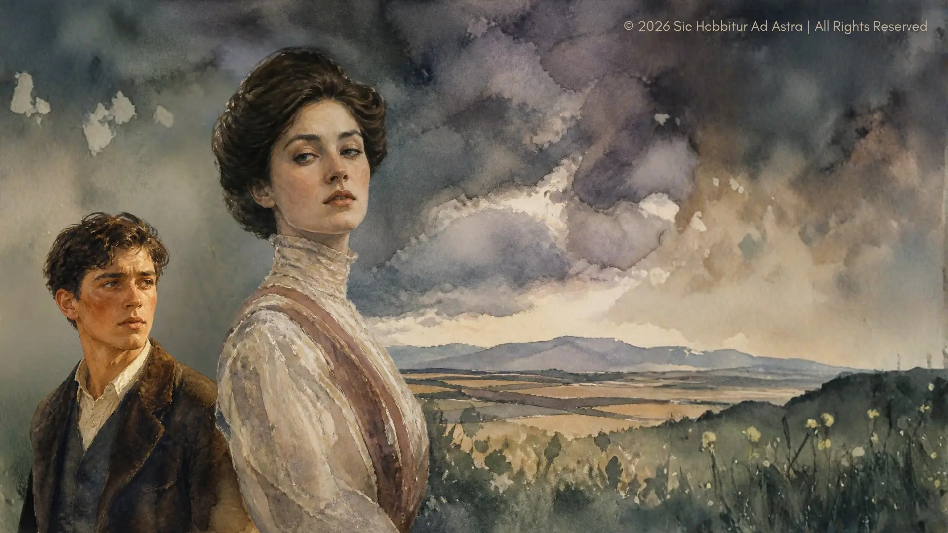Watercolor portrait of Cathy Ames from East of Eden — serene but cold-eyed — with Cal uneasy behind her under a stormy sky over the Salinas Valley, evoking the theme of evil.
