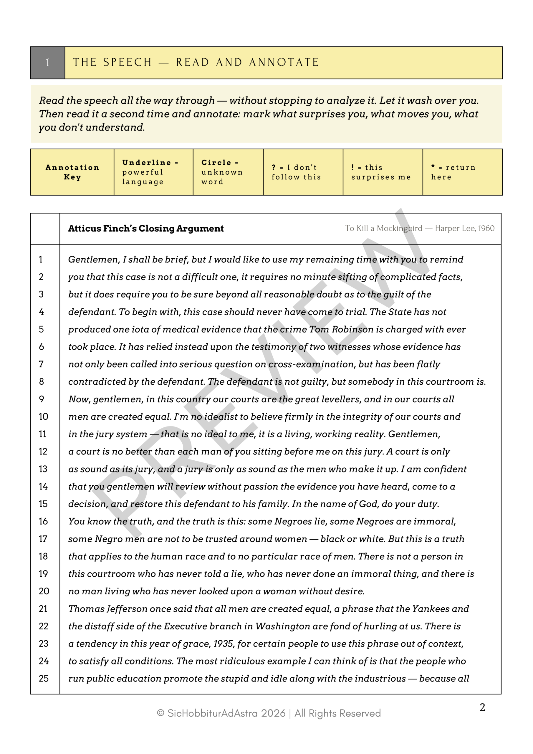 Preview of Atticus Finch closing argument student workbook — scaffolded analysis grades 8-10