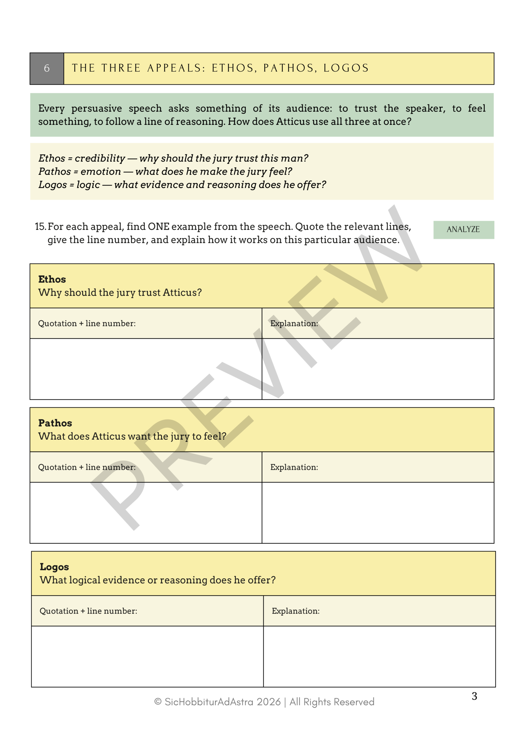 Preview of Atticus Finch closing argument student workbook — scaffolded analysis grades 8-10