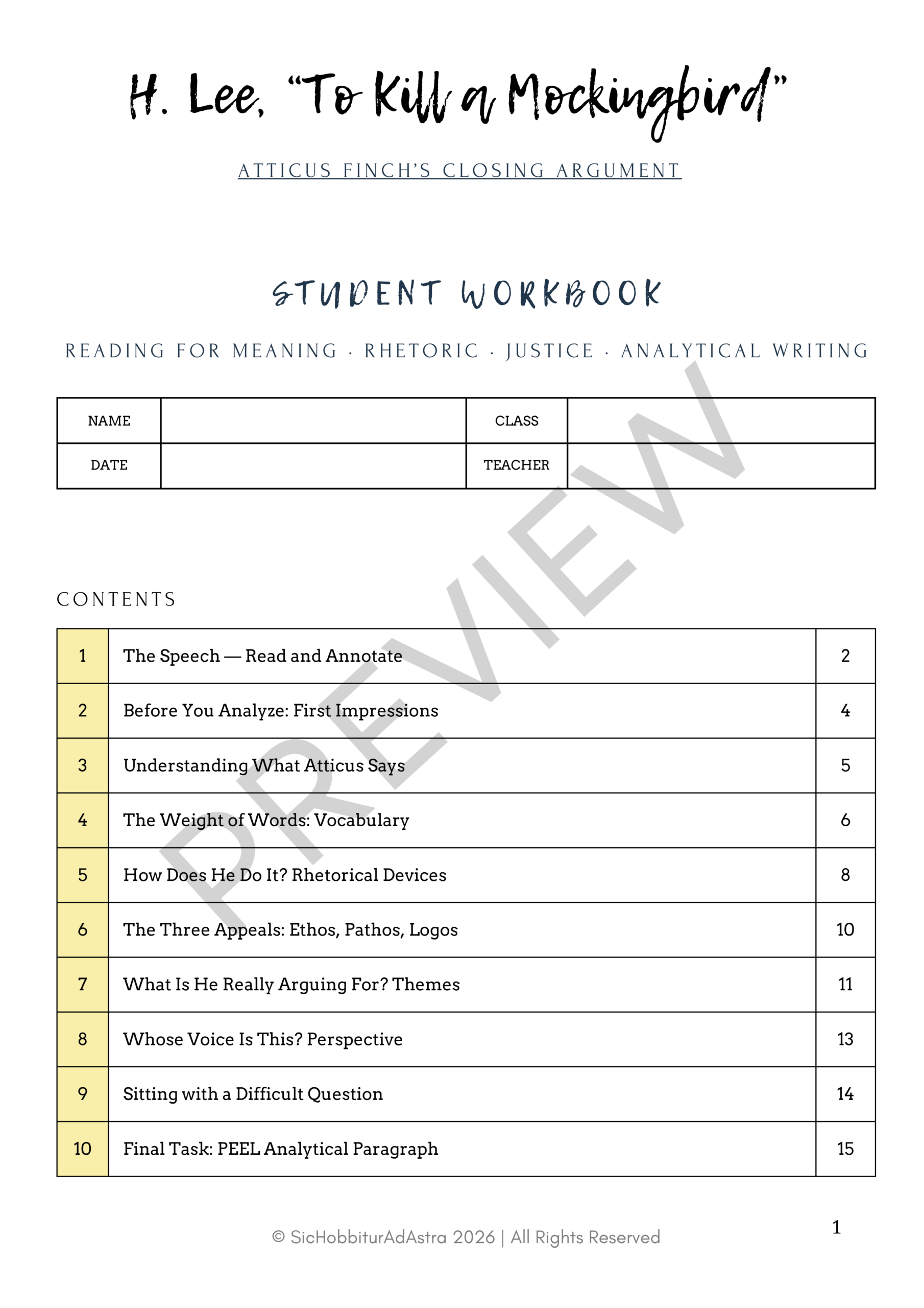Preview of Atticus Finch closing argument student workbook — scaffolded analysis grades 8-10