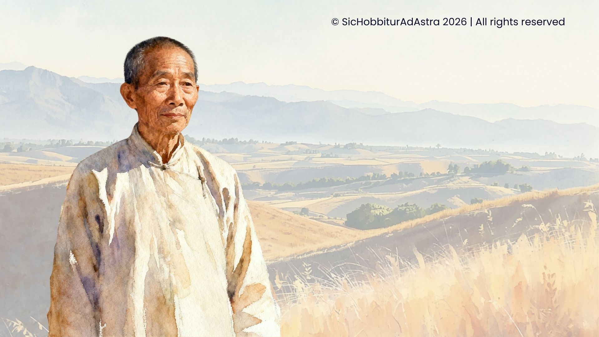 Watercolor illustration of Lee from East of Eden by John Steinbeck, with the Salinas Valley in the background