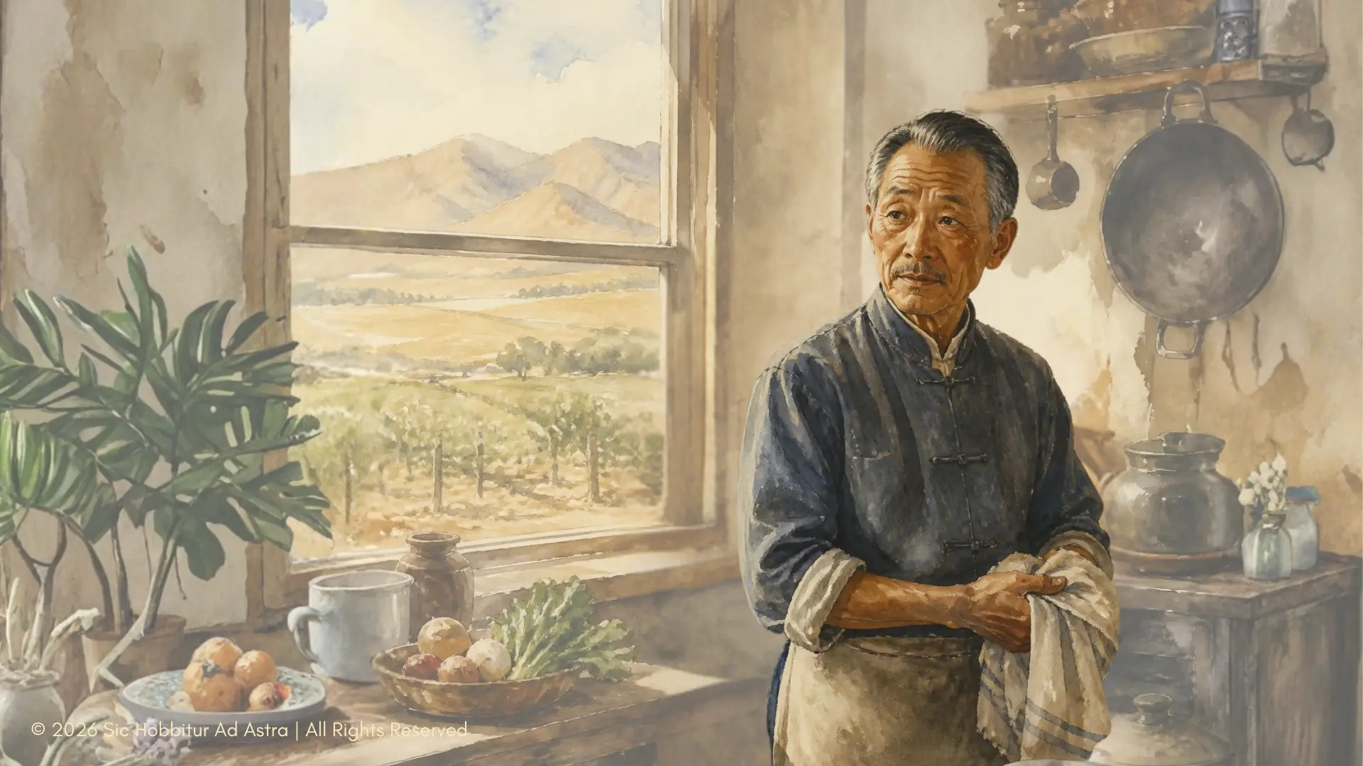 Watercolor of Lee from East of Eden, an elderly Chinese-American man in a farmhouse kitchen, his humble servant's dress belied by calm, watchful, intelligent eyes.