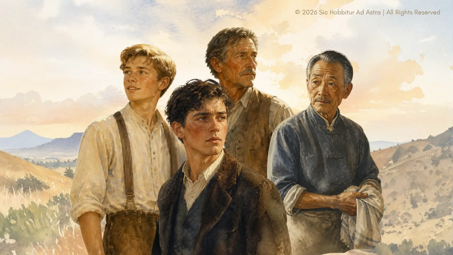 Watercolor of Cal, Aron, Lee, and Adam from East of Eden against the Salinas Valley, evoking family, legacy, and moral inheritance across two generations.