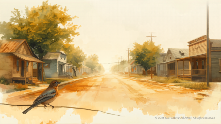 Watercolor illustration of an empty sunlit 1930s Southern street with a mockingbird on a wire, evoking the suspense of waiting in To Kill a Mockingbird