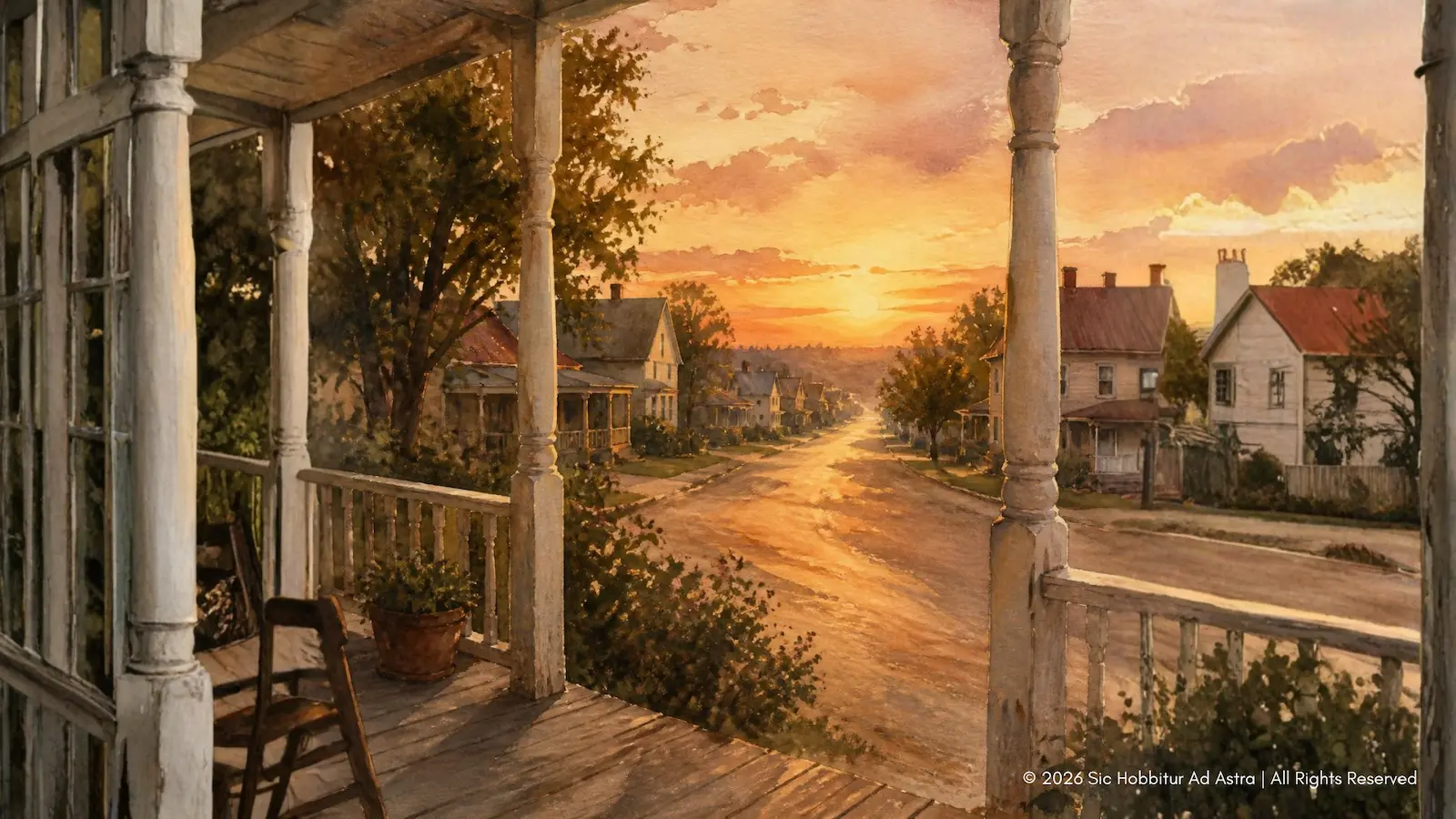 Watercolour of a small-town street at sunset seen from a porch, illustrating why teach To Kill a Mockingbird