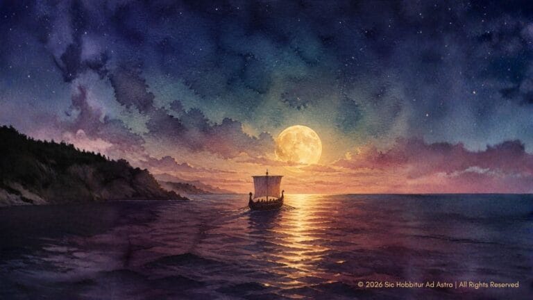 Watercolor of an ancient Greek ship sailing toward a full moon over a moonlit sea — teaching Nolan's The Odyssey in the classroom.