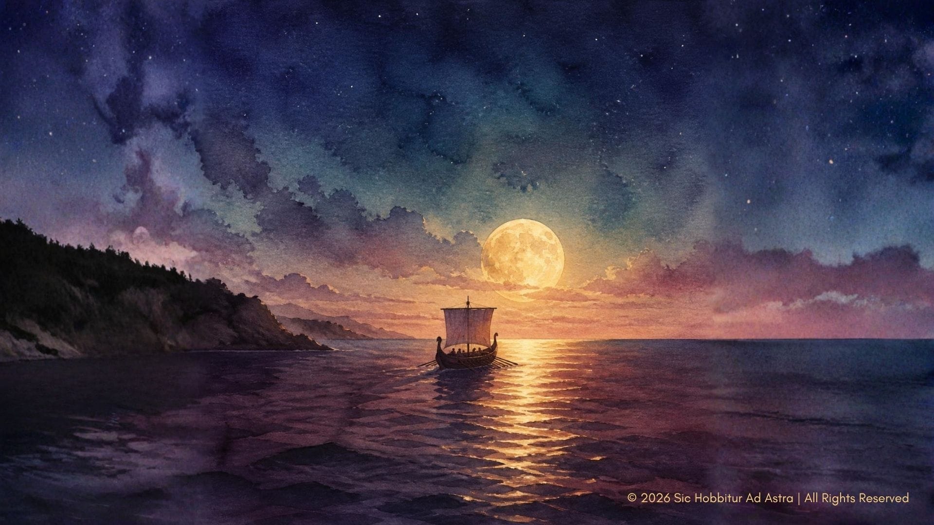 Watercolor of an ancient Greek ship sailing toward a full moon over a moonlit sea — teaching Nolan's The Odyssey in the classroom.