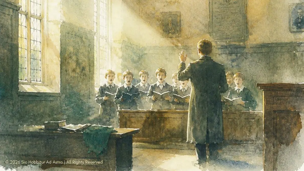 Watercolour scene of a teacher leading a small choir of boys in a sunlit classroom, evoking Les Choristes in the classroom