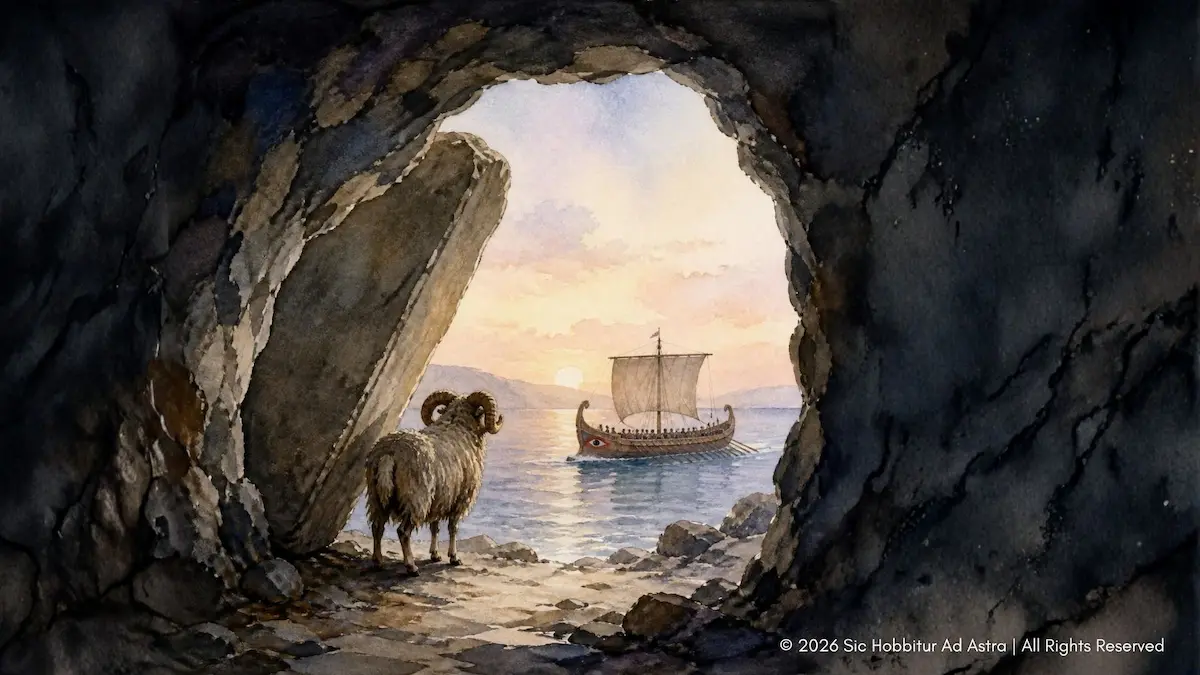 Watercolor of a sea cave and a Greek ship leaving at dawn, for an Odyssey Cyclops lesson.
