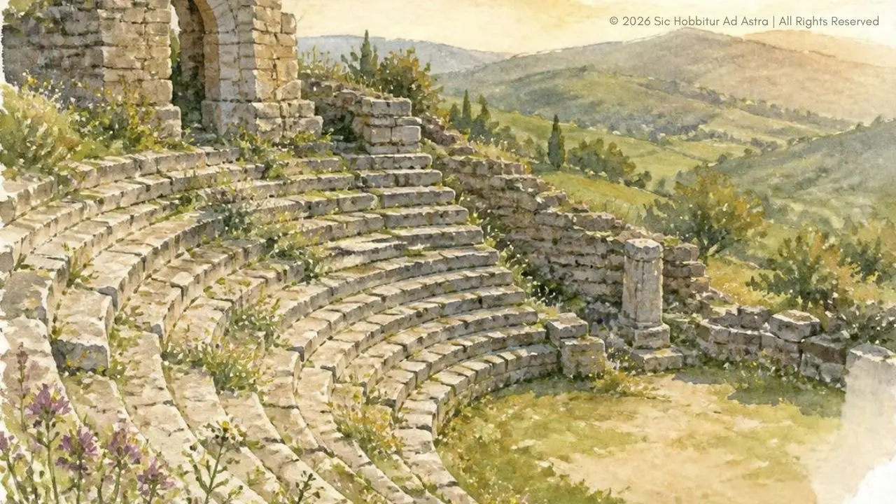 Watercolor of a ruined stone amphitheater overgrown with grass, featured image for teaching Momo by Michael Ende in middle school.